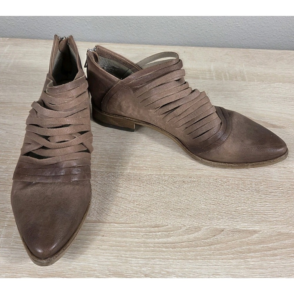 Free People Lost Valley Leather Strappy Ankle Boots Brown Back Zip Women's 7